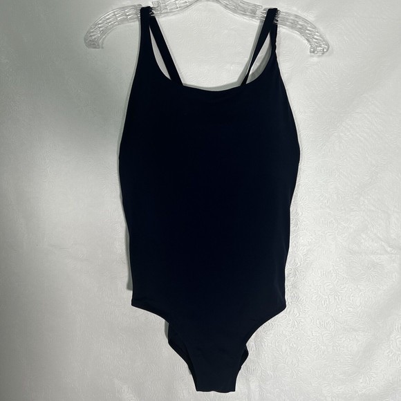 Athleta Adriata Womens Sz S One Piece Swimsuit Navy Blue Woven Panel Round Neck - Picture 3 of 15